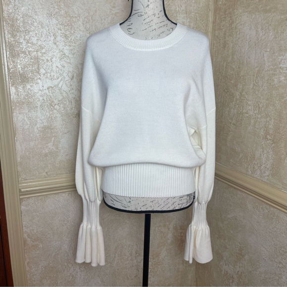 Trina Turk Chloe Merino Wool Sweater Ruffled Sleeves White Quiet Luxury Sz XXL - Picture 4 of 15
